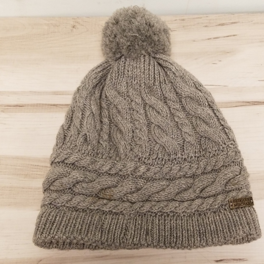 Badgley Mischka Gray Wool Pom Beanie Hat